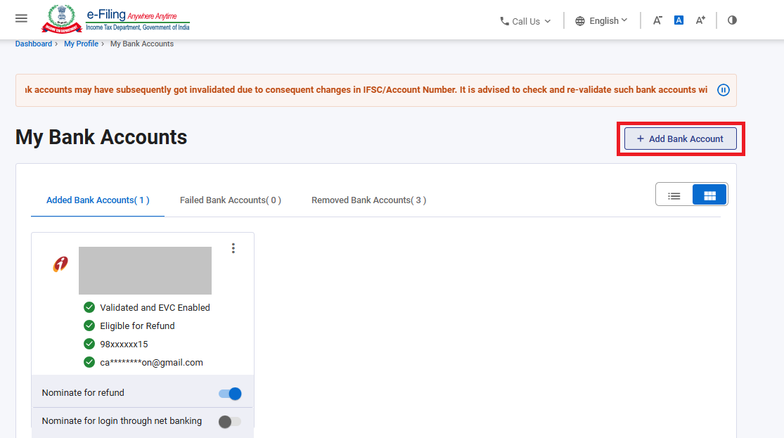 Income Tax portal Add Bank Account screen