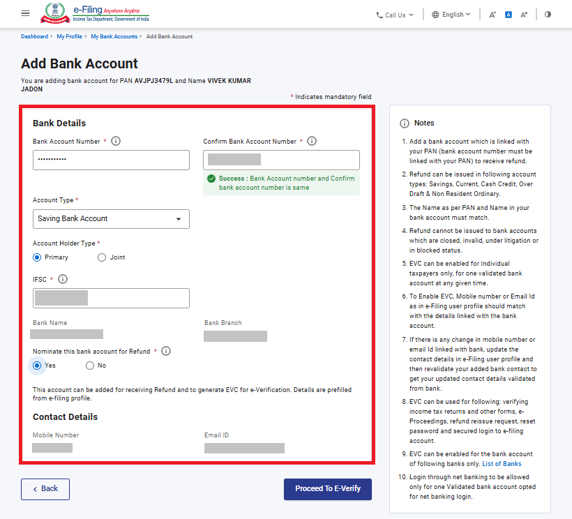 Income Tax portal bank account details entry screen
