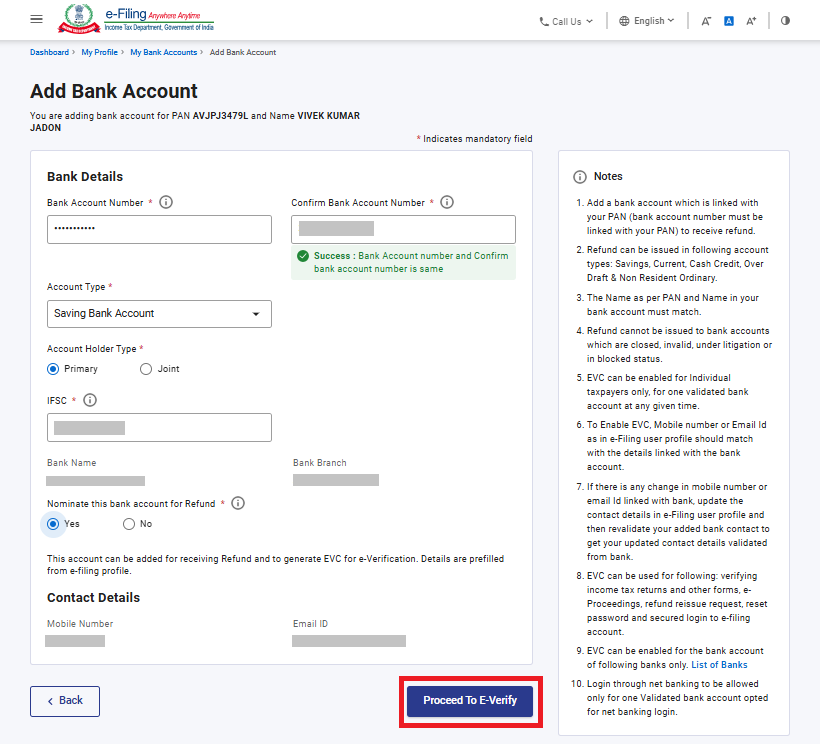 Income Tax portal Proceed to e-Verify bank validation screen
