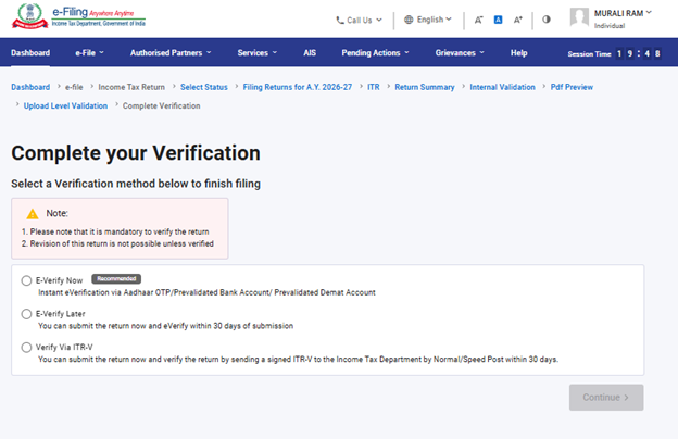 Income Tax portal e-Verification method selection