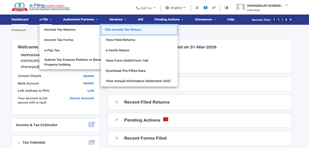 Income Tax portal File Income Tax Return menu