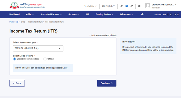 Income Tax portal assessment year selection