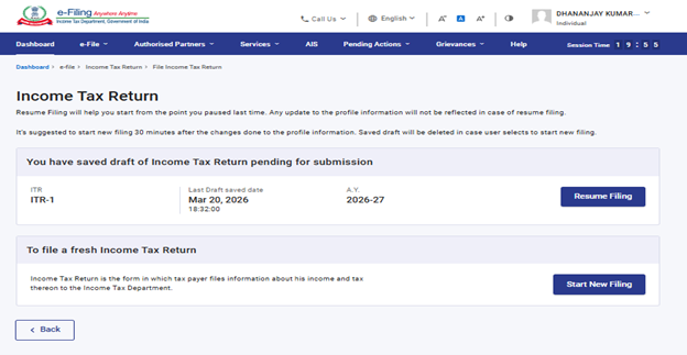 Income Tax portal start or resume filing screen