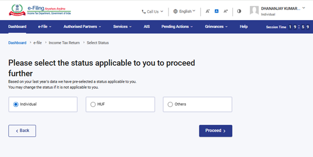 Income Tax portal taxpayer status selection