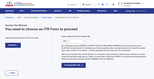 Income Tax portal ITR form selection