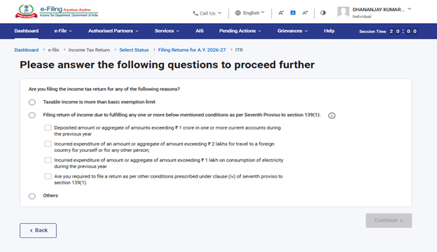Income Tax portal reason for filing return