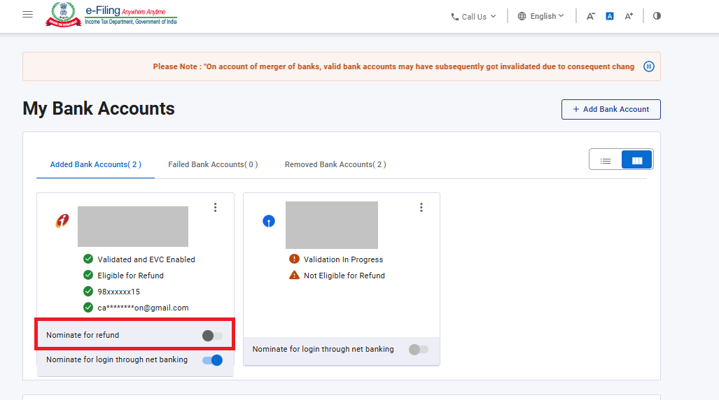Income Tax portal Nominate for Refund bank account screen