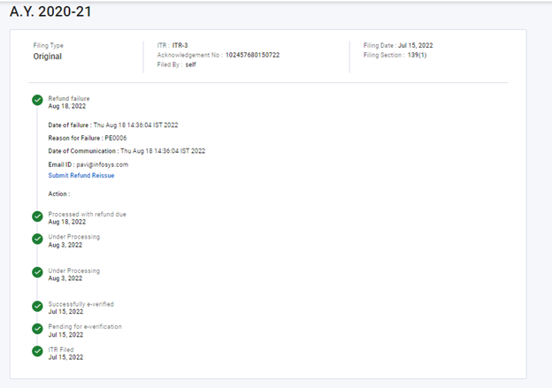 Income Tax portal example showing refund failure status