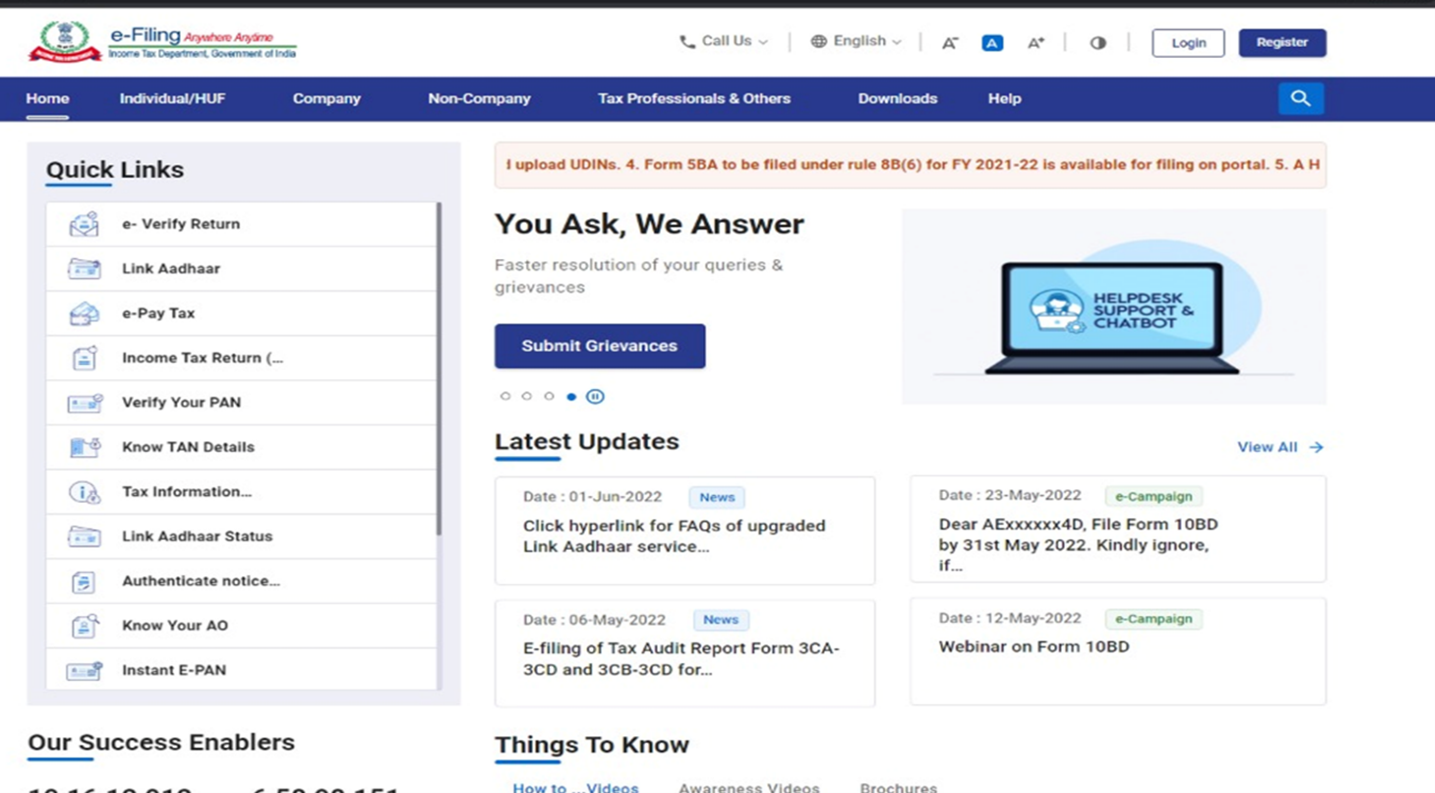 Income Tax e-Filing portal homepage for checking ITR refund status