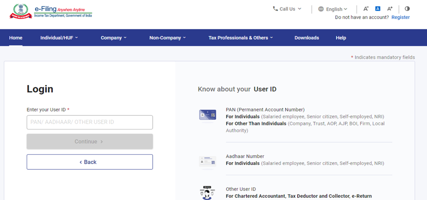 Income Tax e-Filing login screen for checking refund status