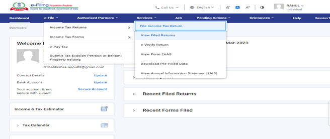 Income Tax portal View Filed Returns navigation for refund status
