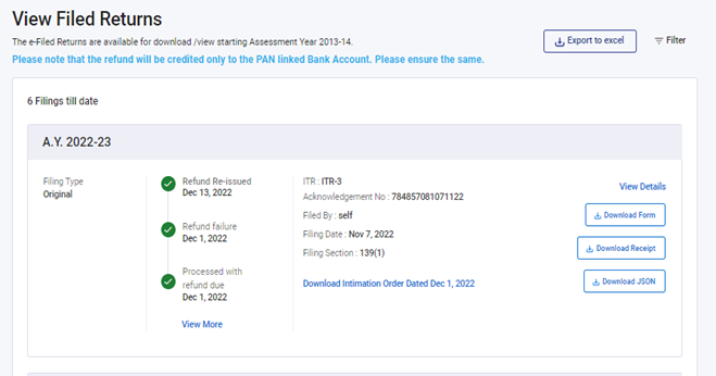 Income Tax portal filed return details showing refund status