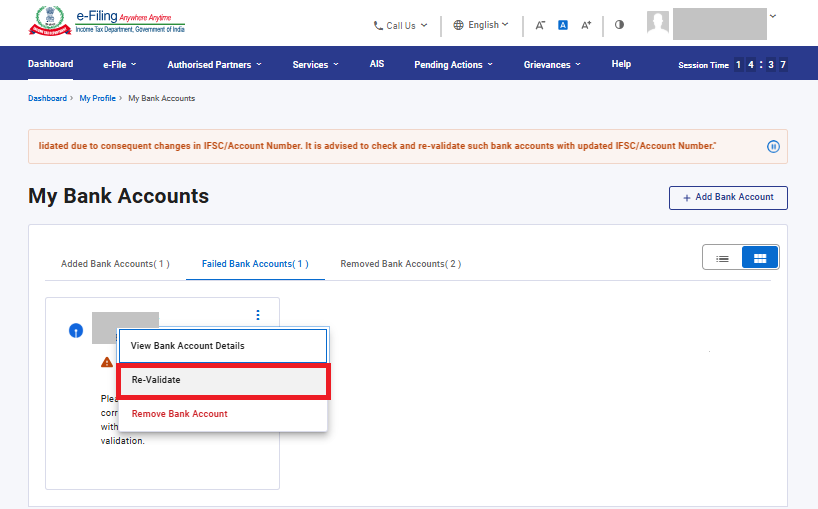 Income Tax portal Re-Validate failed bank account screen