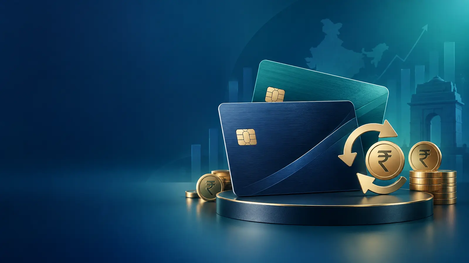 Generic cashback credit cards with Indian rupee coins and arrows